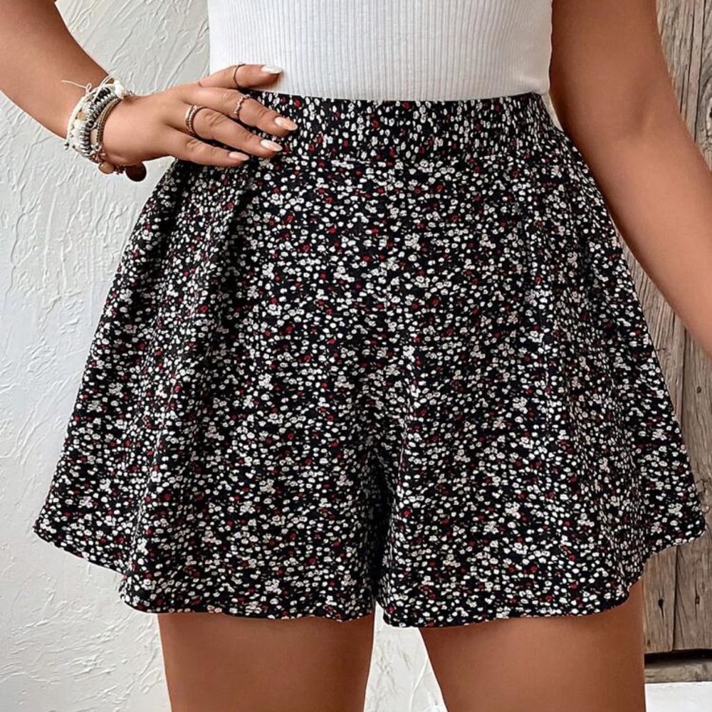 Black, White, and Red Floral High Waist Shorts